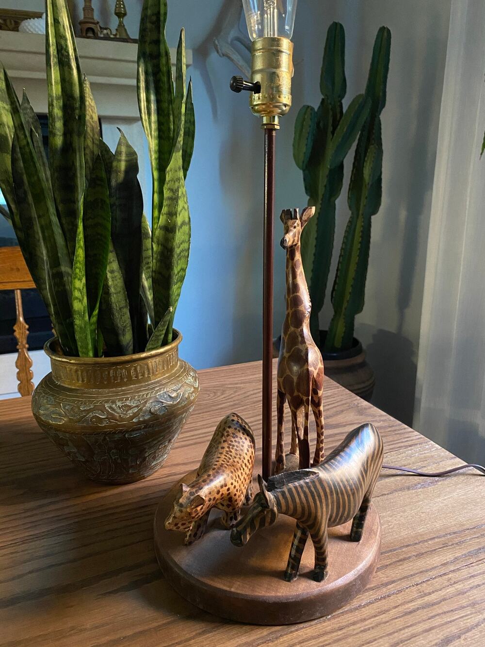 Vintage Wooden Carved Safari Animal Lamp Carved Wood Lamp Giraffe Zebra